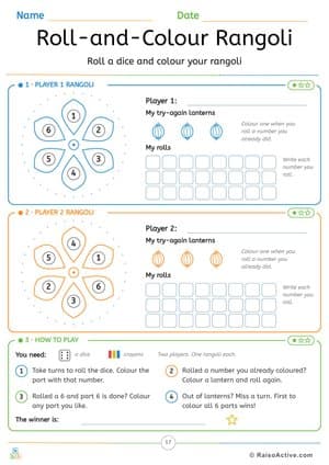 Roll-and-Colour Rangoli: Two-Player Dice Game – free printable activity worksheet preview