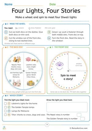 Four Lights, Four Stories: Diwali Story Wheel Craft – free printable activity worksheet preview