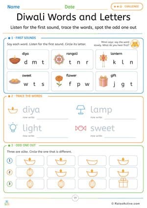 Diwali Words and Letters: First Sounds, Tracing and Odd One Out – free printable writing worksheet preview
