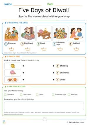 Five Days of Diwali: Dhanteras to Bhai Dooj Picture Match – free printable learning worksheet preview