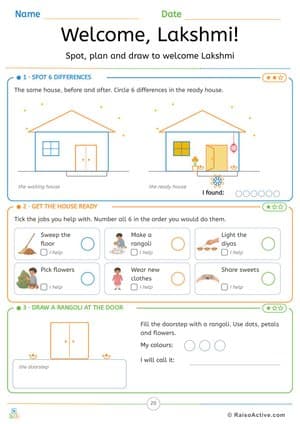 Welcome, Lakshmi! Spot the Differences and Doorstep Rangoli – free printable activity worksheet preview