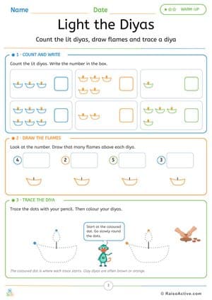 Diwali Diya Counting, Flame Drawing and Tracing Worksheet – free printable counting worksheet preview