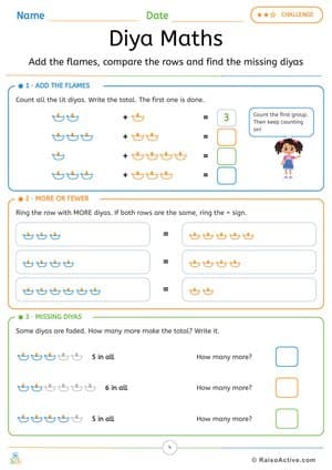 Diwali Diya Maths: Add the Flames and Find the Missing Diyas – free printable math worksheet preview