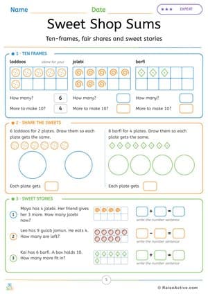 Diwali Sweet Shop Sums: Ten-Frames, Sharing and Number Stories – free printable math worksheet preview