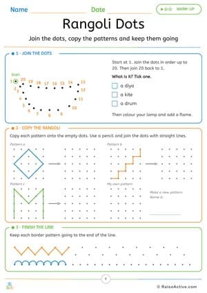 Rangoli Dot Pictures: Join the Dots, Copy Patterns and Finish the Line – free printable connect dots worksheet preview