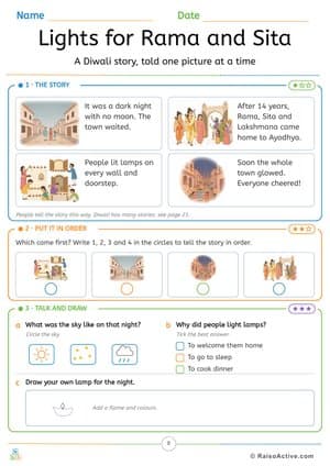 Lights for Rama and Sita: Diwali Story Sequencing for Kids – free printable reading worksheet preview
