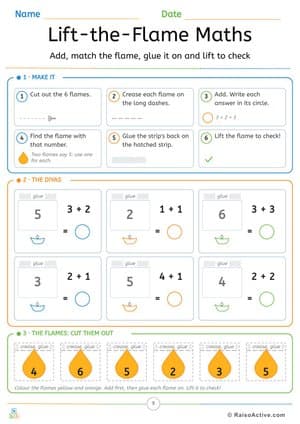 Lift-the-Flame Diwali Maths: Cut, Glue and Check the Sum – free printable cut paste worksheet preview