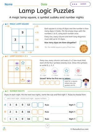 Lamp Logic Puzzles: Magic Square, Sudoku and Number Patterns – free printable activity worksheet preview