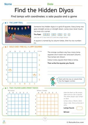 Find the Hidden Diyas: Coordinates Puzzle and Two-Player Game – free printable activity worksheet preview
