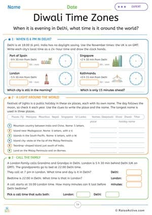 Diwali Time Zones: 24-Hour Clock and Festivals Around the World – free printable math worksheet preview