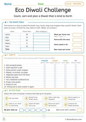 Eco Diwali Challenge: Average, Sorting and Planning a Kinder Festival – free printable math worksheet preview