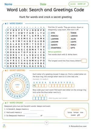 Diwali Word Search, Secret Greeting Code and Word Origins – free printable word search worksheet preview