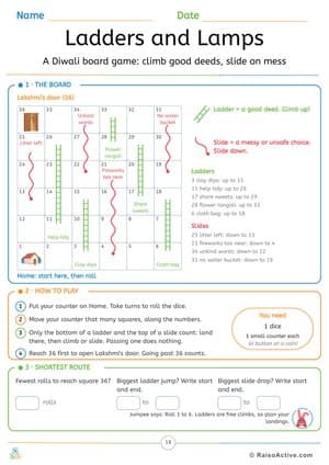 Ladders and Lamps: Diwali Board Game for Kids – free printable activity worksheet preview