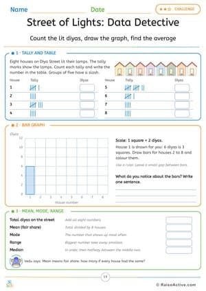 Street of Lights: Tally Chart, Bar Graph, Mean, Mode and Range – free printable math worksheet preview