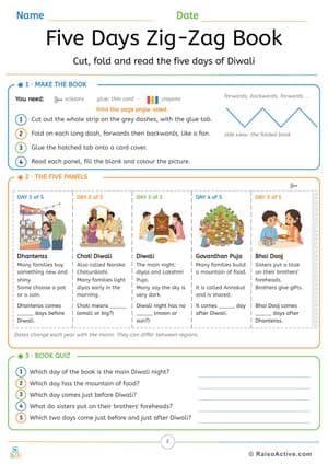 Five Days of Diwali Zig-Zag Book: Cut, Fold, Read and Quiz – free printable reading worksheet preview