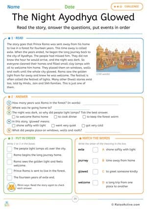 The Night Ayodhya Glowed: Diwali Reading Comprehension Worksheet – free printable reading worksheet preview