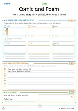 Diwali Comic Strip and Acrostic Poem Writing Activity – free printable writing worksheet preview