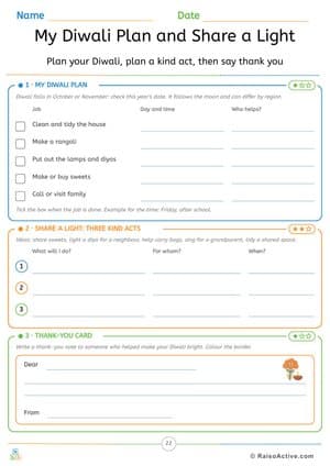 My Diwali Plan, Three Kind Acts and a Thank-You Card Worksheet – free printable writing worksheet preview