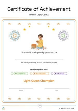 Diwali Light Quest Certificate of Achievement – free printable other worksheet preview