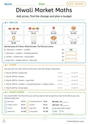 Diwali Market Maths: Add Prices, Find the Change and Plan a Budget – free printable math worksheet preview