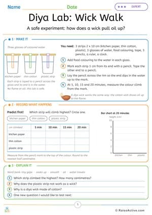 Diya Wick Experiment: How Does Oil Climb a Wick? (Safe Science Lab) – free printable learning worksheet preview