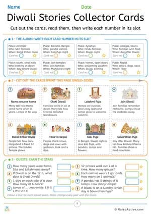 Diwali Stories Collector Cards: Cut-Out Cards and Quest Puzzles – free printable reading worksheet preview