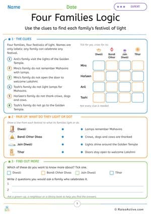Four Families Logic: Diwali Festivals Logic Grid Puzzle – free printable activity worksheet preview
