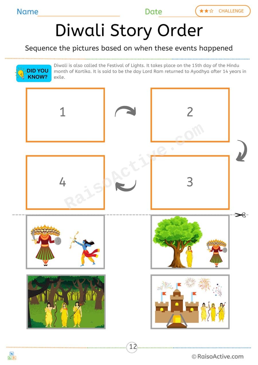 Diwali Sequencing Worksheet for Kids – free printable activity worksheet preview