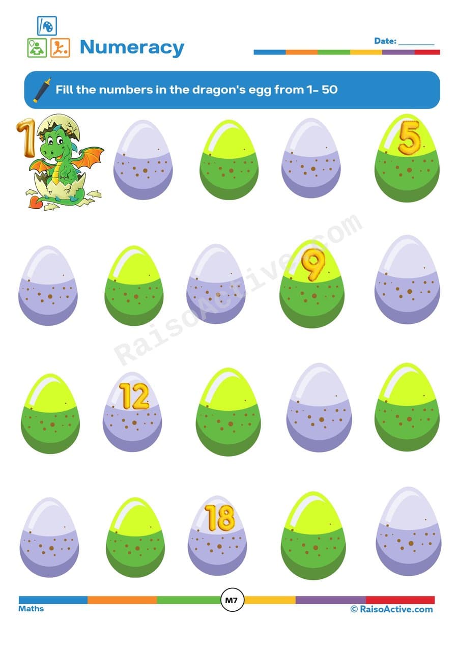 Dragon Egg Numbers: Counting to 50 Worksheet