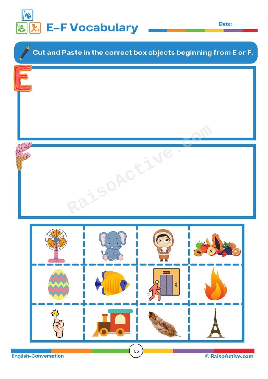 E-F Vocabulary Worksheet: Cut and Paste Fun!
