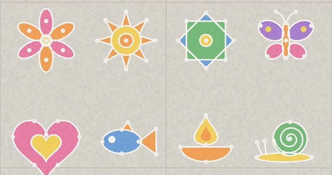 Eight chalk dot rangoli designs on a stone floor: a flower, a sun, a star, a butterfly, a heart, a fish, a diya and a snail