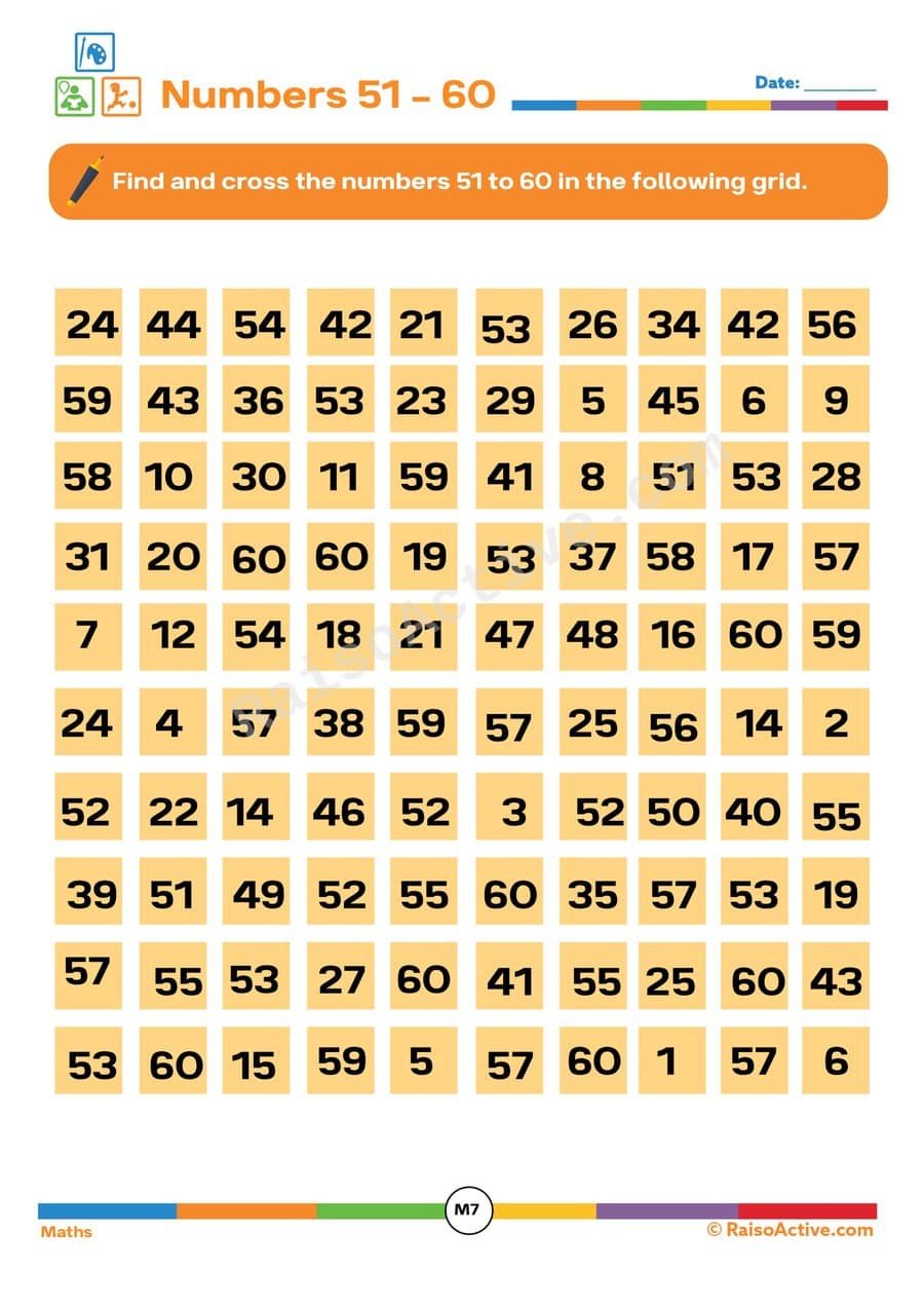 Find and Cross Numbers 51-60 Worksheet