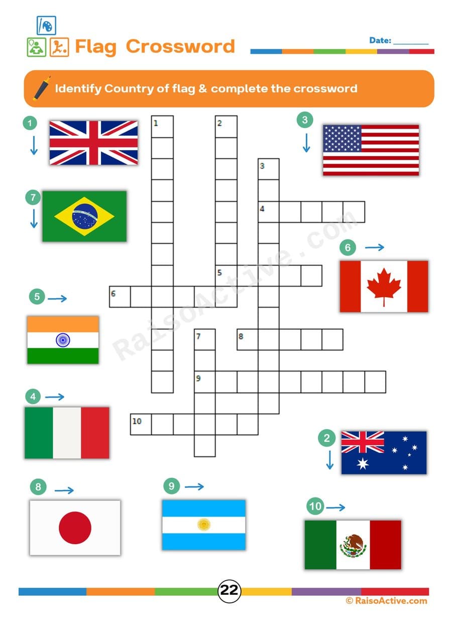 Flag Crossword Puzzle Worksheet for Kids