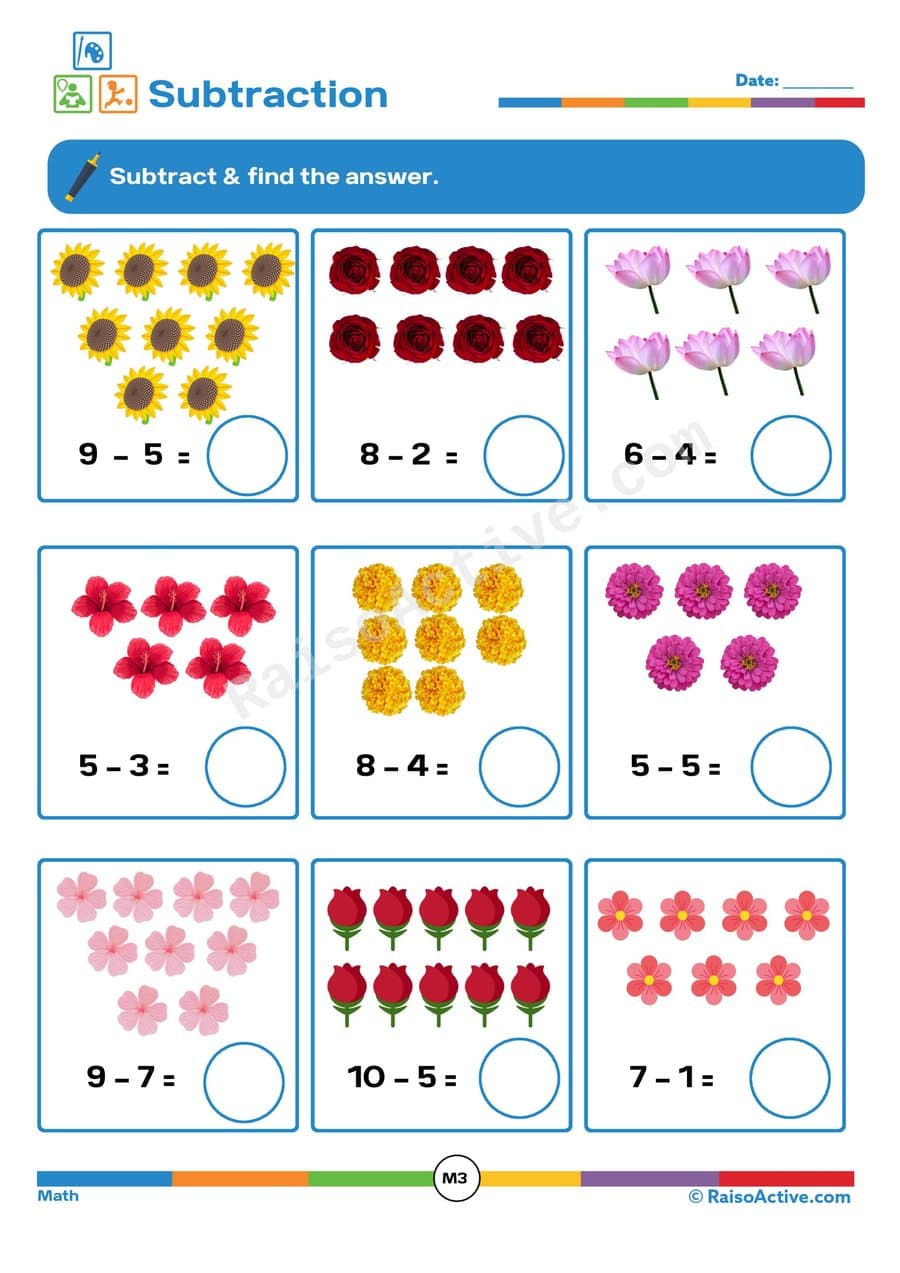 Flower Power Subtraction Worksheet for Kids