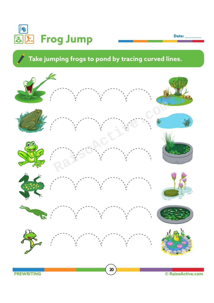 Frog Jump Tracing Worksheet for Preschoolers