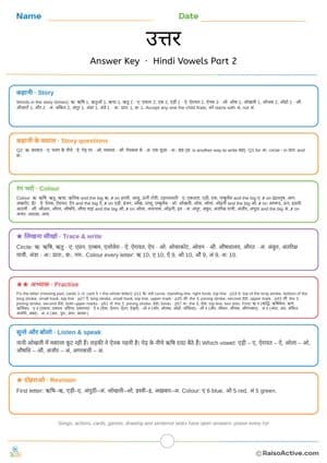 Hindi Vowels Part 2 Answer Key for Grown-ups | उत्तर – free printable reference worksheet preview