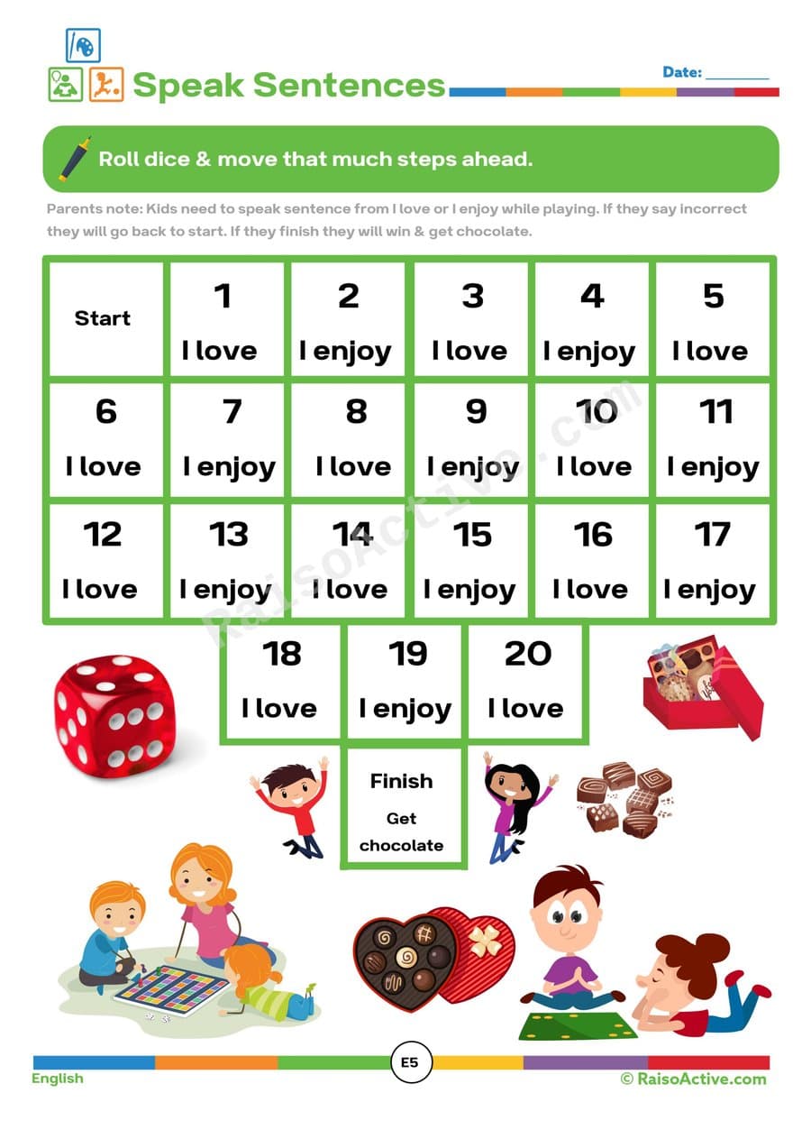 I Love or I Enjoy Sentences Worksheet for Kids