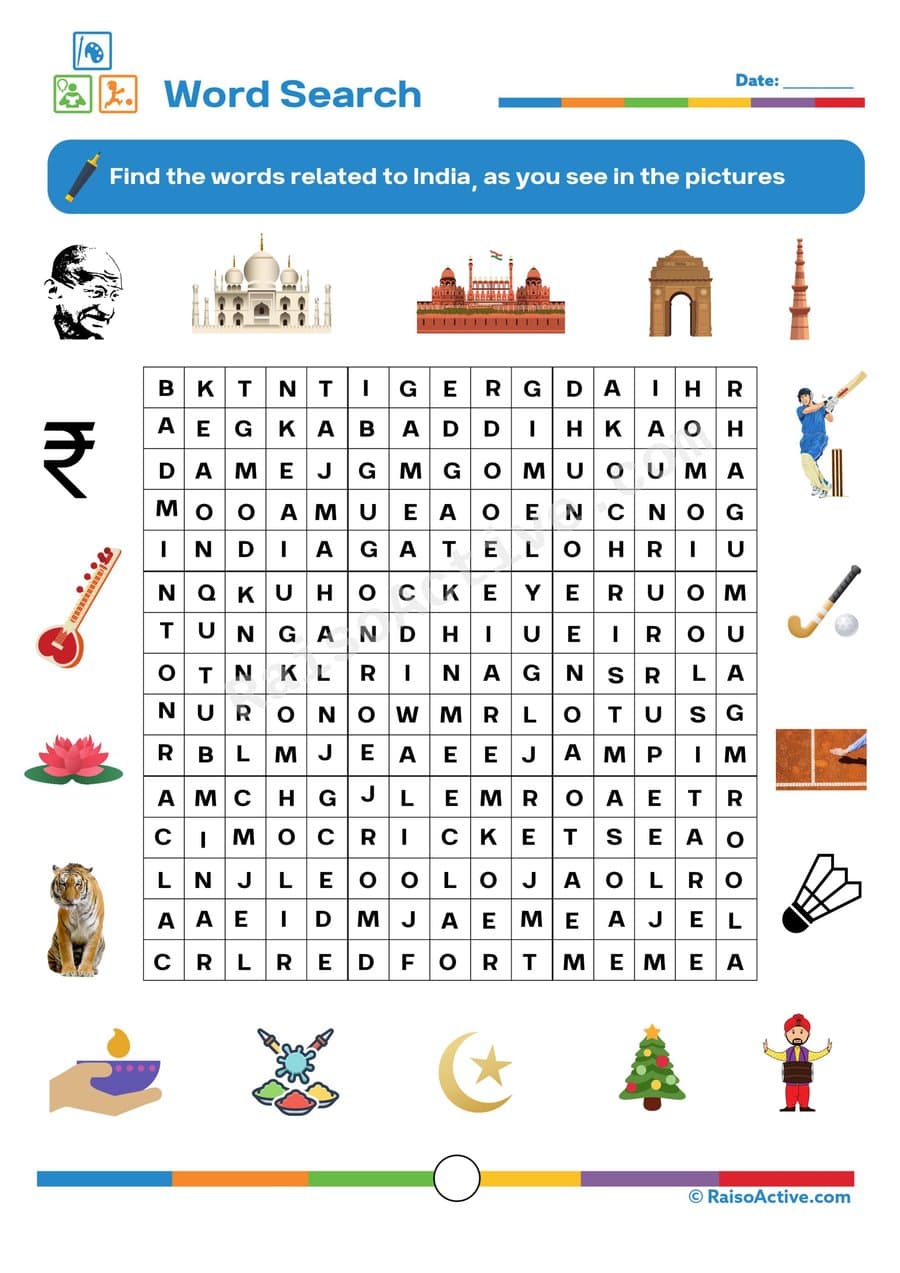 India Word Search Worksheet for Kids