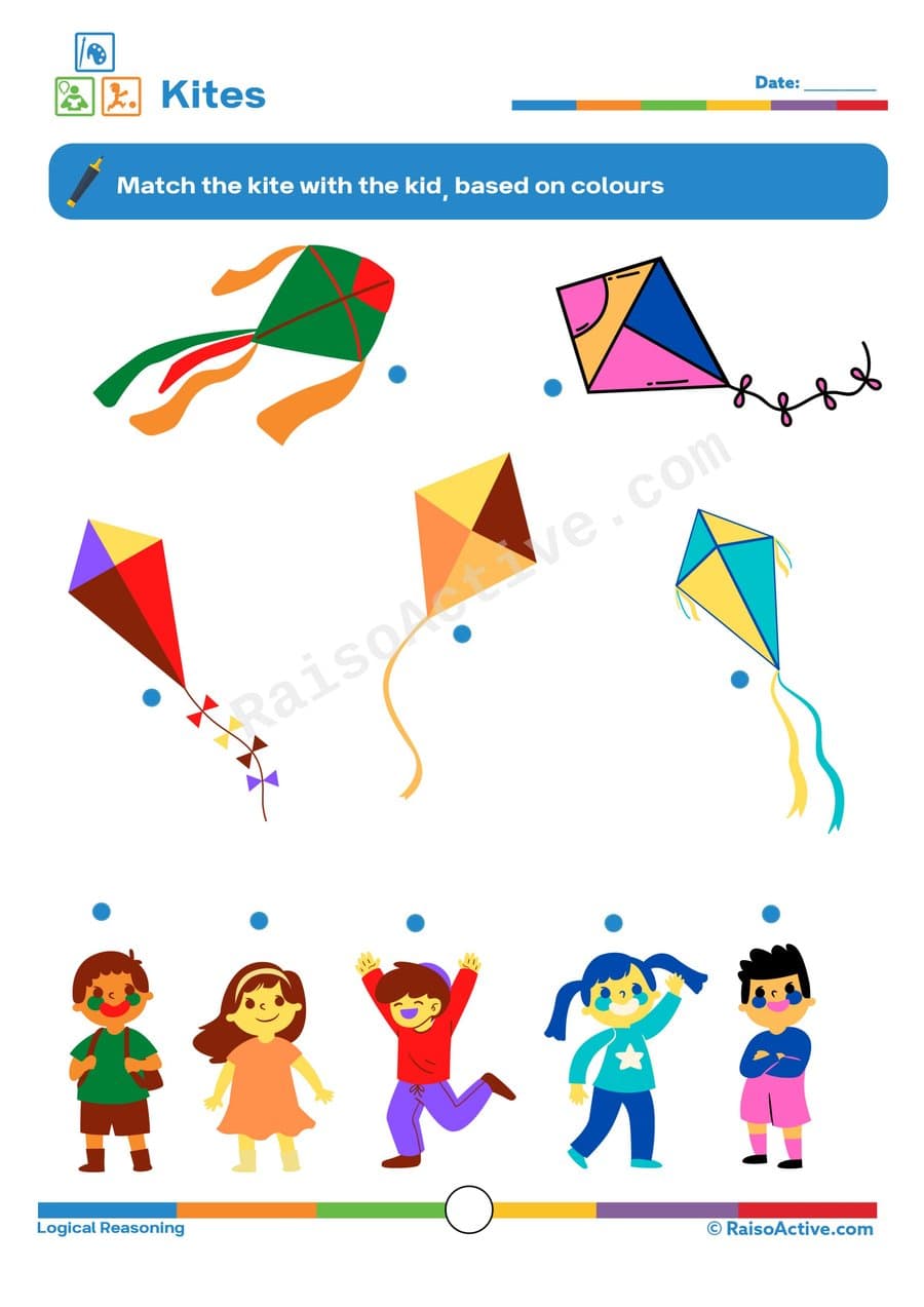 Kite Color Matching Worksheet for Preschoolers