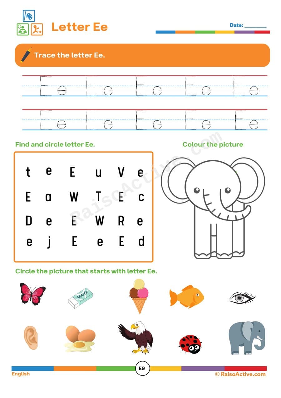 Letter Ee Worksheet: Trace, Find, and Color!