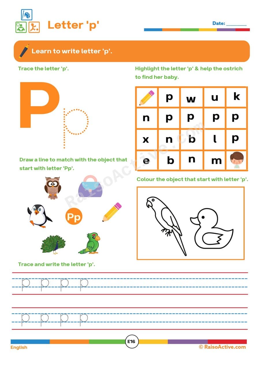 Letter 'p' Fun: Trace, Find, and Color the Letter 'p'!