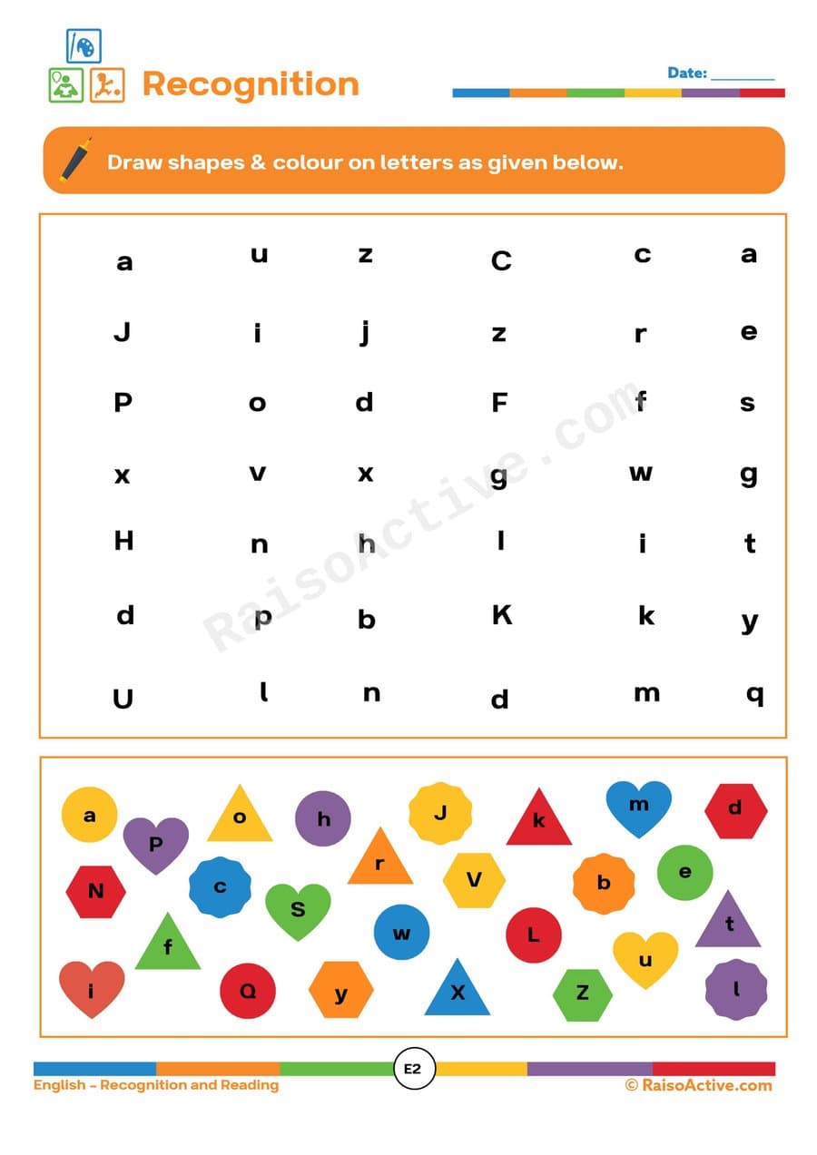 Letter Recognition Worksheet: Draw Shapes & Color!