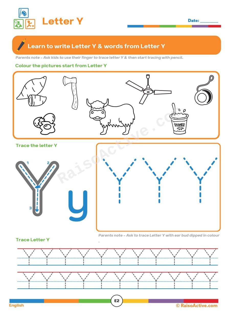 Letter Y Tracing Worksheet for Preschoolers