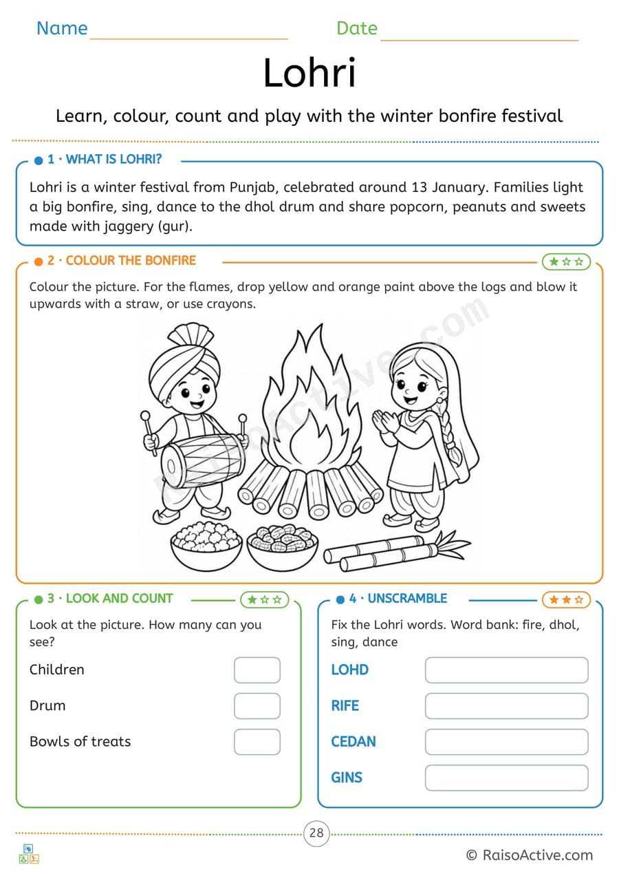 Lohri Worksheet: Colour the Bonfire, Count and Unscramble – free printable activity worksheet preview