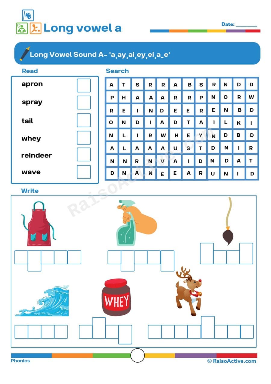 Long Vowel 'A' Worksheet: Read, Search, and Write!