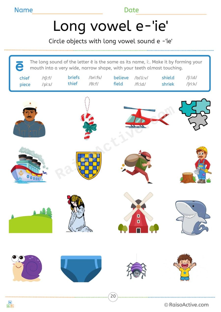 Long Vowel e 'ie' Circle the Pictures Worksheet – free printable activity worksheet preview