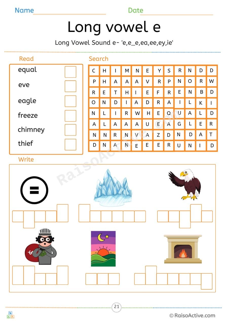 Long Vowel e Read, Search and Write Worksheet – free printable word search worksheet preview