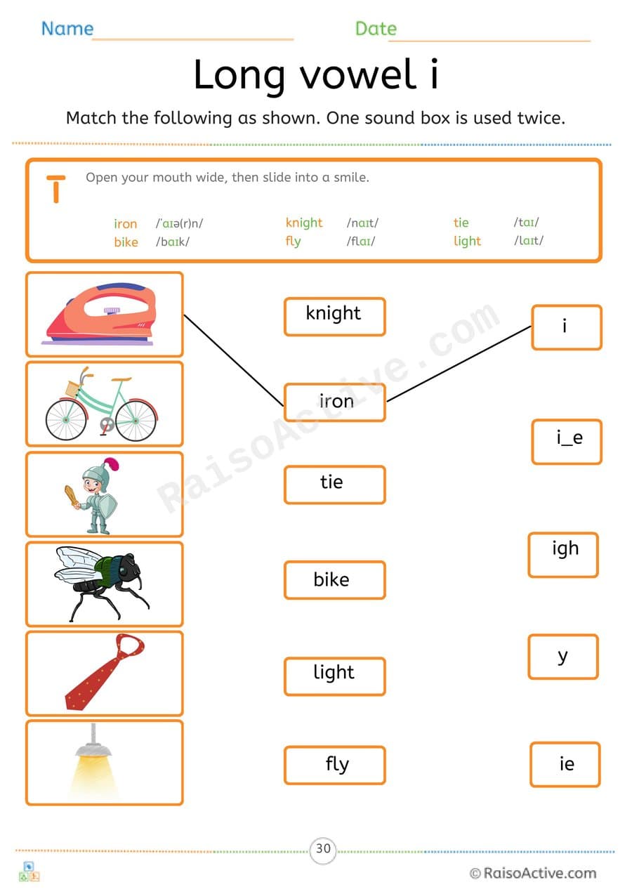 Long Vowel i Spellings Match Worksheet: i, i_e, igh, y, ie – free printable matching worksheet preview