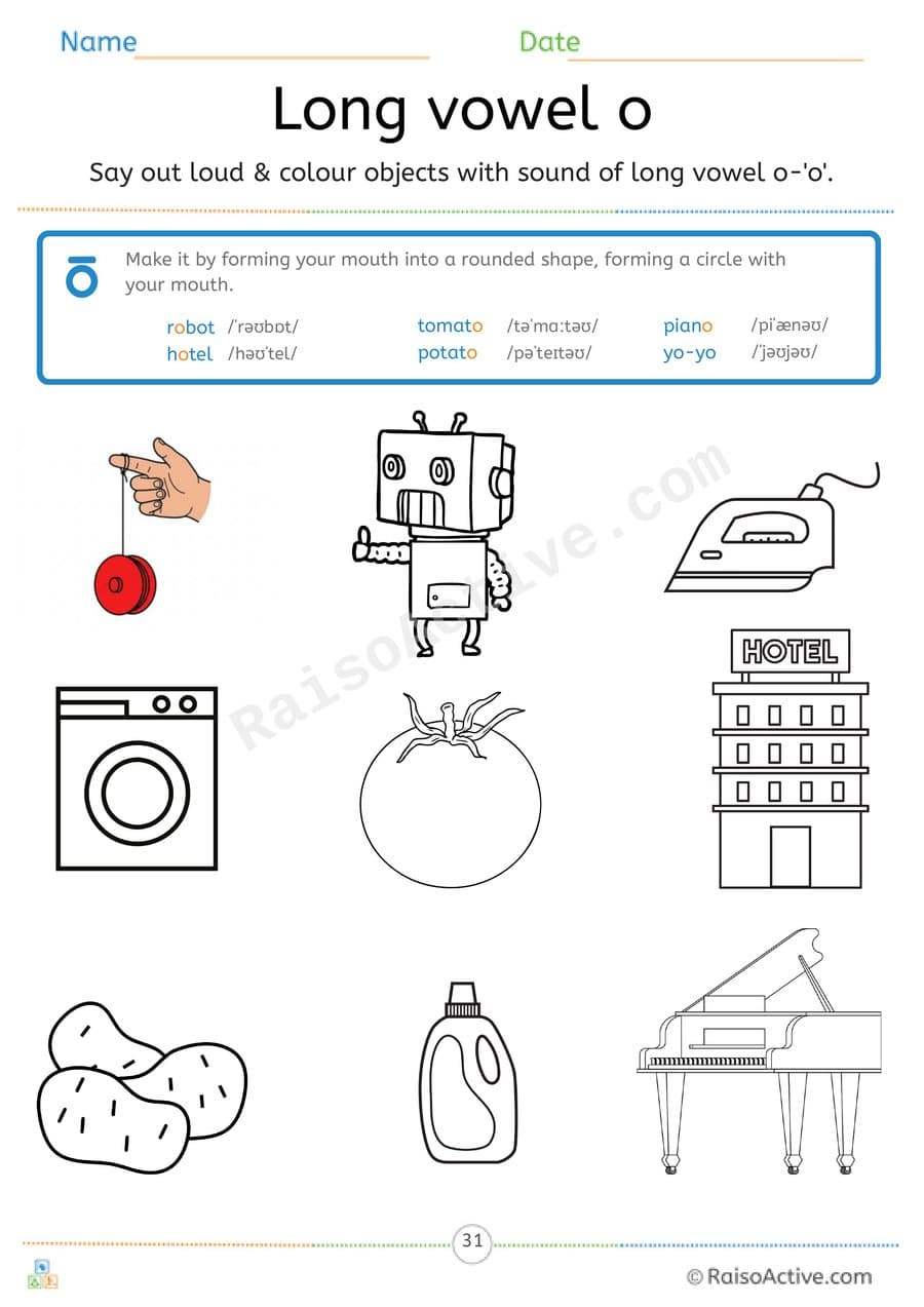 Long Vowel o Say and Colour Worksheet – free printable coloring worksheet preview