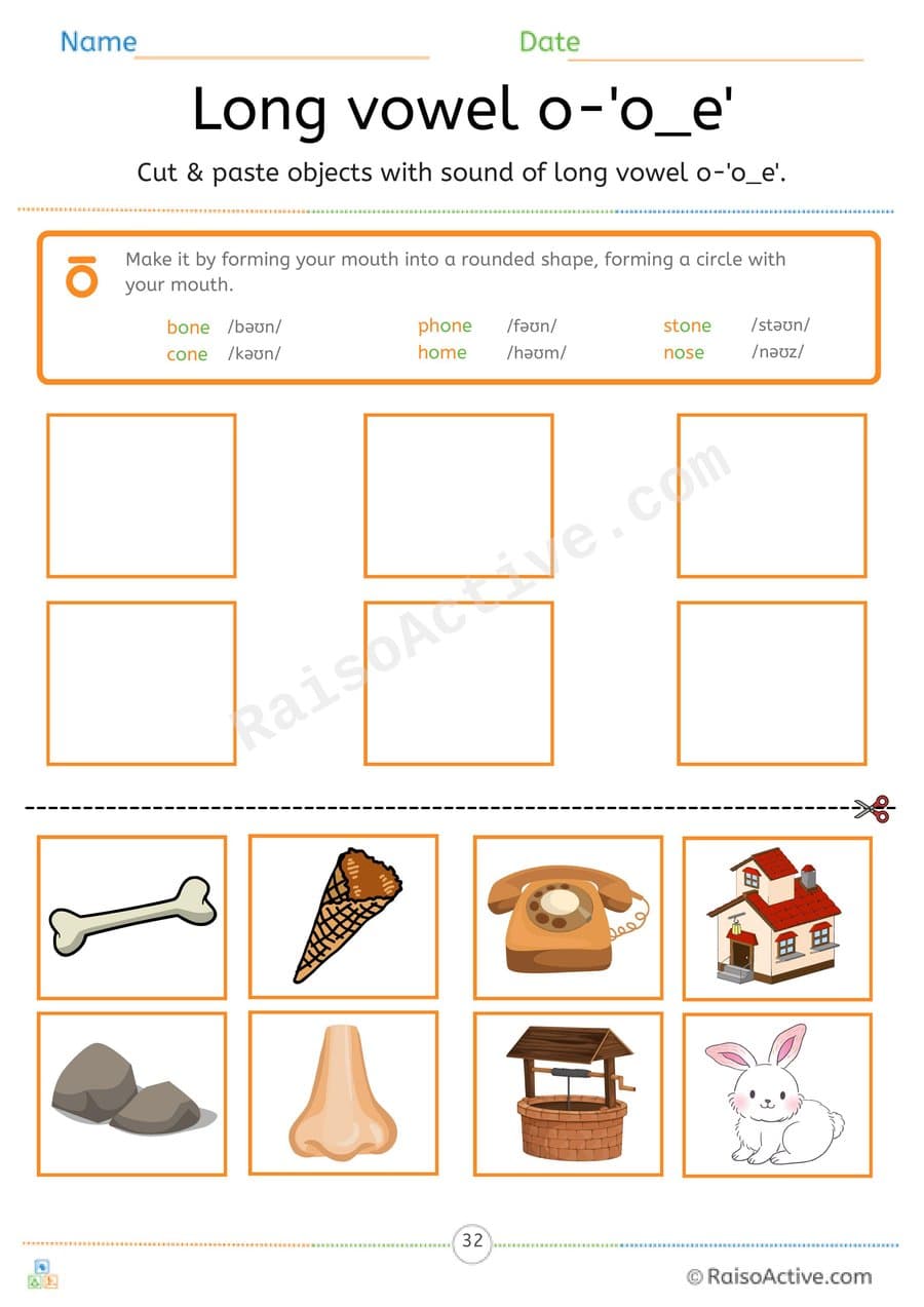 Long Vowel o 'o_e' Cut and Paste Worksheet – free printable cut paste worksheet preview